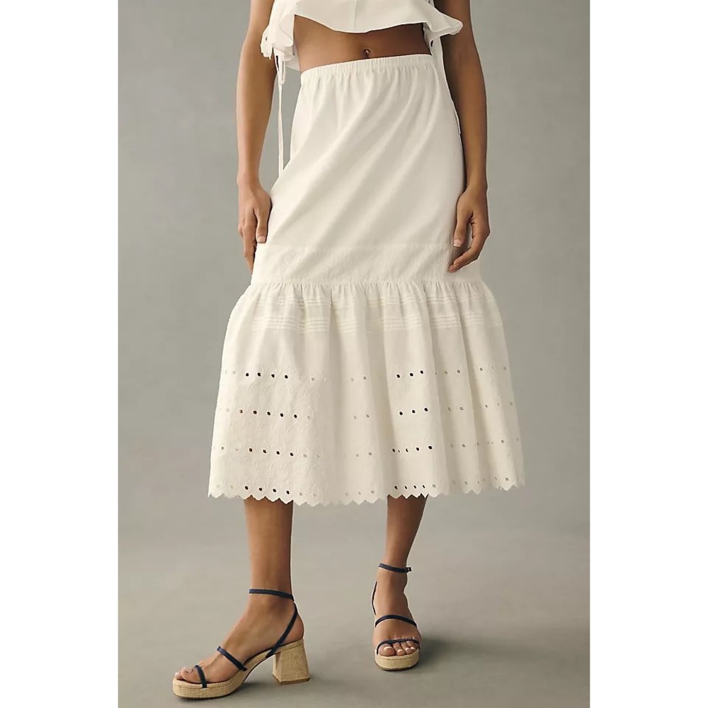 Anthropologie White Tiered Midi Skirt Cotton Boho Festival Cottagecore Prairie S - Picture 2 of 8